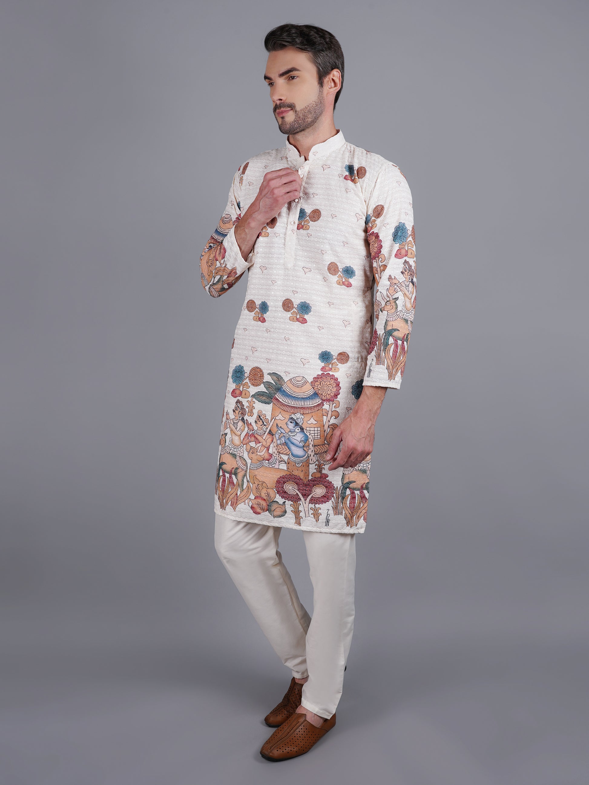 Men's creme kurta with Pichkari floral print and colorful traditional border design, mandarin collar, button closure, full length, side pockets - casual and social occasions Indian wear