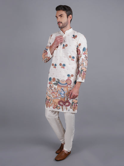 Men's creme kurta with Pichkari floral print and colorful traditional border design, mandarin collar, button closure, full length, side pockets - casual and social occasions Indian wear
