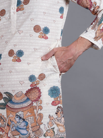 Men's creme kurta with Pichkari floral print and colorful traditional border design, mandarin collar, button closure, full length, side pockets - casual and social occasions Indian wear