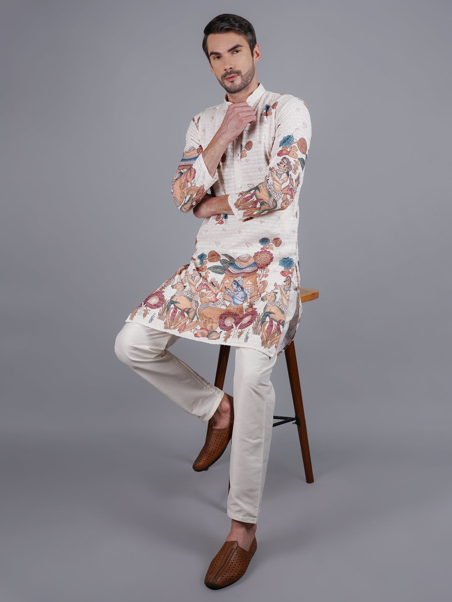 Men's creme kurta with Pichkari floral print and colorful traditional border design, mandarin collar, button closure, full length, side pockets - casual and social occasions Indian wear