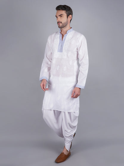 Men White chikankari Kurta  made of pure white Linen, full length, button closure, blue thread work on placket, full sleeves, mandarin collar, side pockets, traditional wear for family occasions, casual wear
