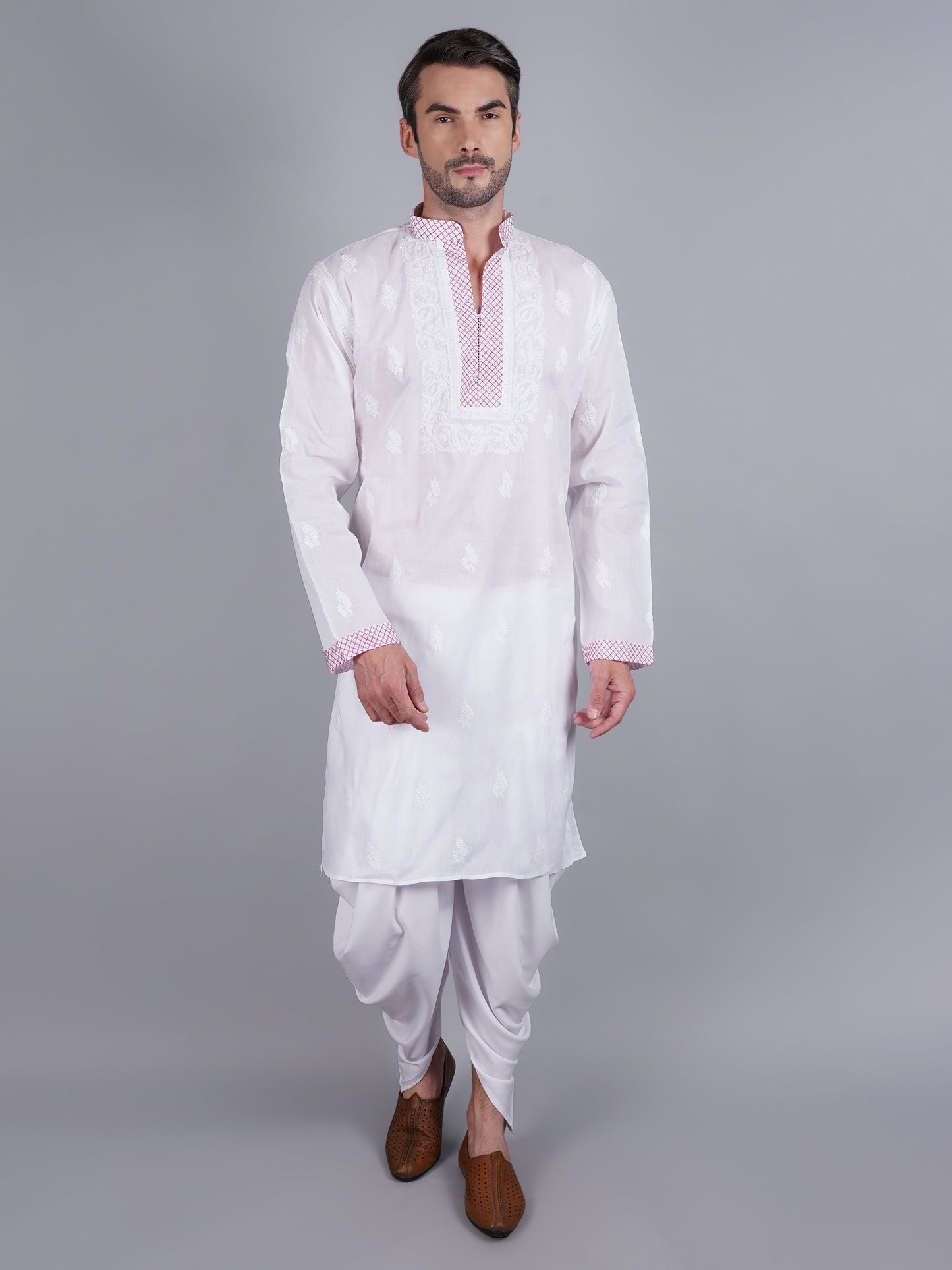 Men White chikankari Kurta  made of pure white Linen, full length, button closure, pink thread work on placket, full sleeves, mandarin collar, side pockets, traditional wear for family occasions, casual wear