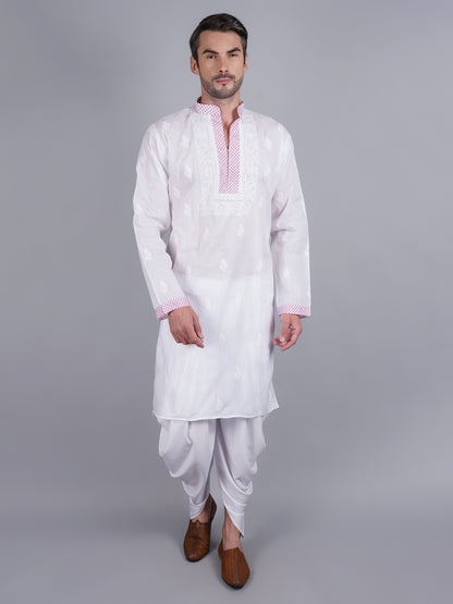 Men White chikankari Kurta  made of pure white Linen, full length, button closure, pink thread work on placket, full sleeves, mandarin collar, side pockets, traditional wear for family occasions, casual wear