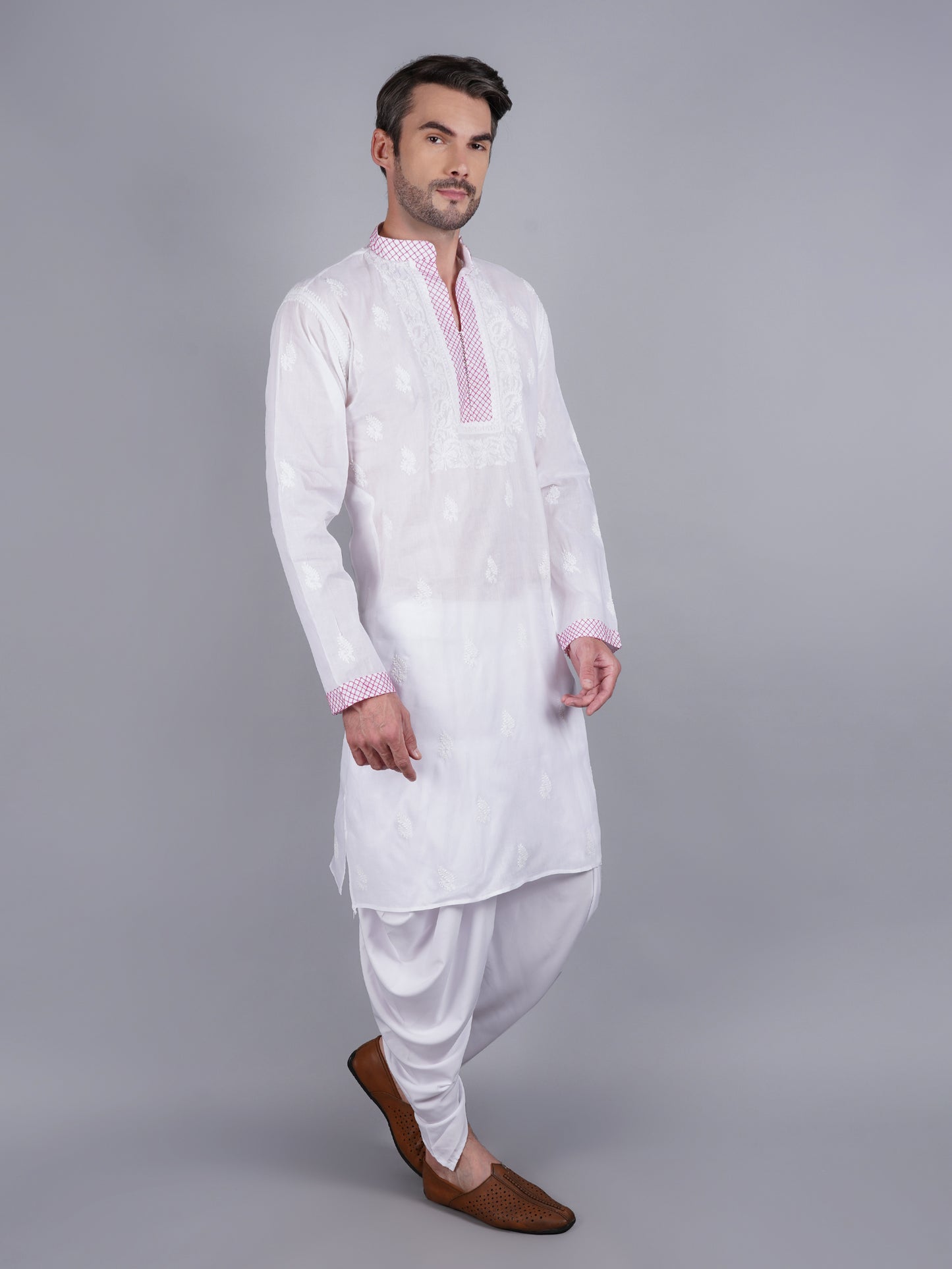 Men White chikankari Kurta  made of pure white Linen, full length, button closure, pink thread work on placket, full sleeves, mandarin collar, side pockets, traditional wear for family occasions, casual wear
