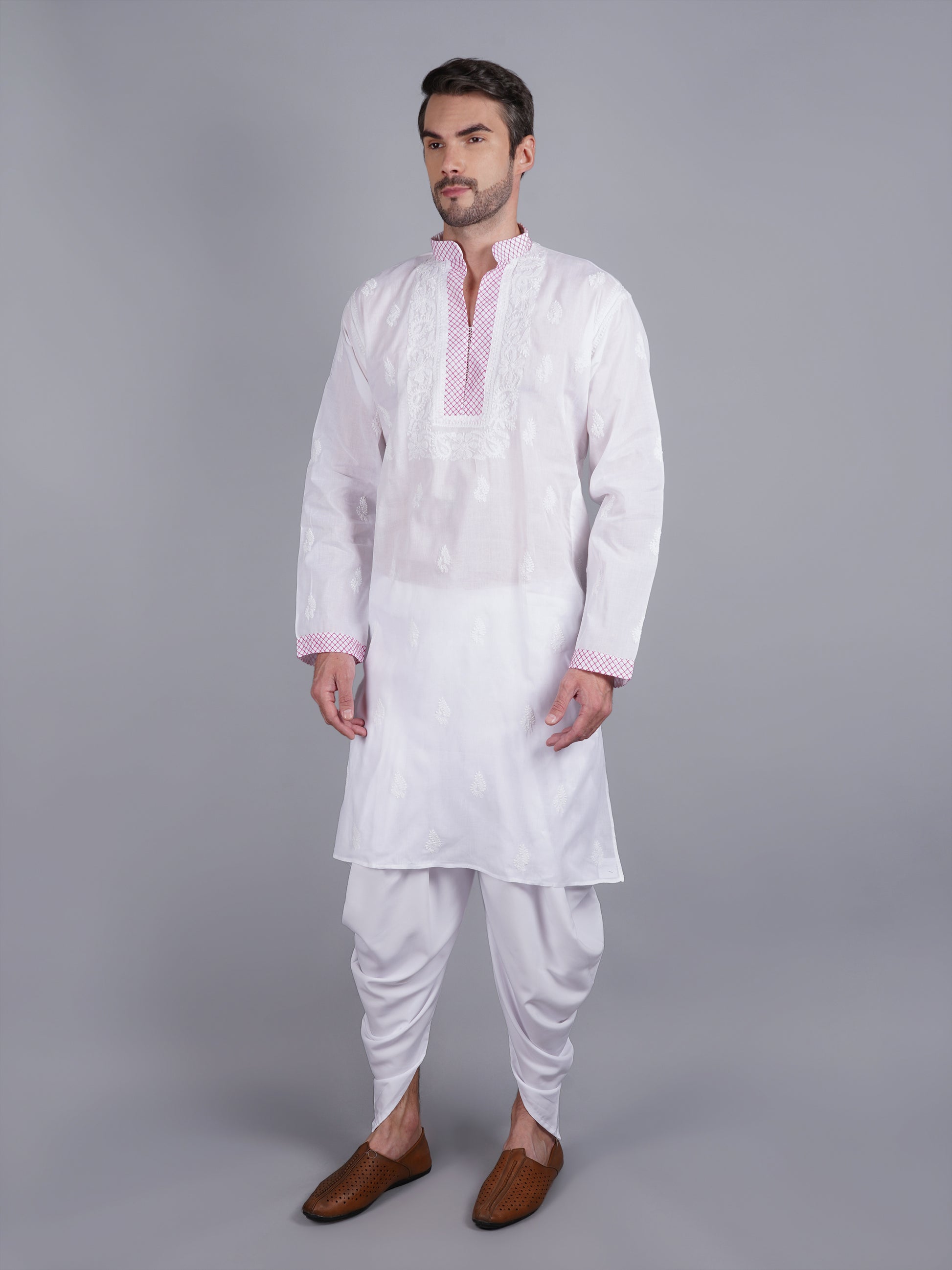 Men White chikankari Kurta  made of pure white Linen, full length, button closure, pink thread work on placket, full sleeves, mandarin collar, side pockets, traditional wear for family occasions, casual wear