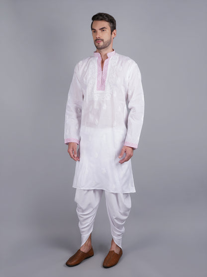 Men White chikankari Kurta  made of pure white Linen, full length, button closure, pink thread work on placket, full sleeves, mandarin collar, side pockets, traditional wear for family occasions, casual wear