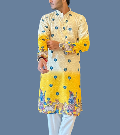 Men's yellow kurta with Pichkari floral print and colorful traditional border design, mandarin collar, button closure, full length, side pockets - casual and social occasions Indian wear